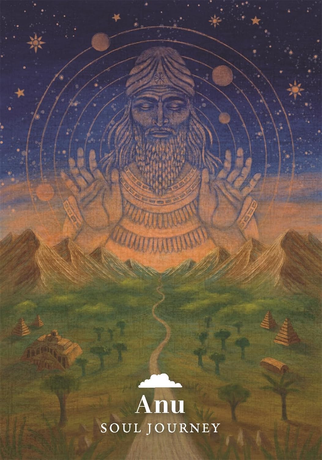 Illustration of a bearded figure with a turban in a landscape with mountains and trees, featuring the brand 'Anu'.