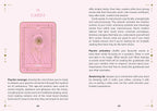 A printed page from a card deck booklet or guide, featuring a central pink rectangular card with ornate gold detailing and surrounding black text on a white page with a thin decorative border.