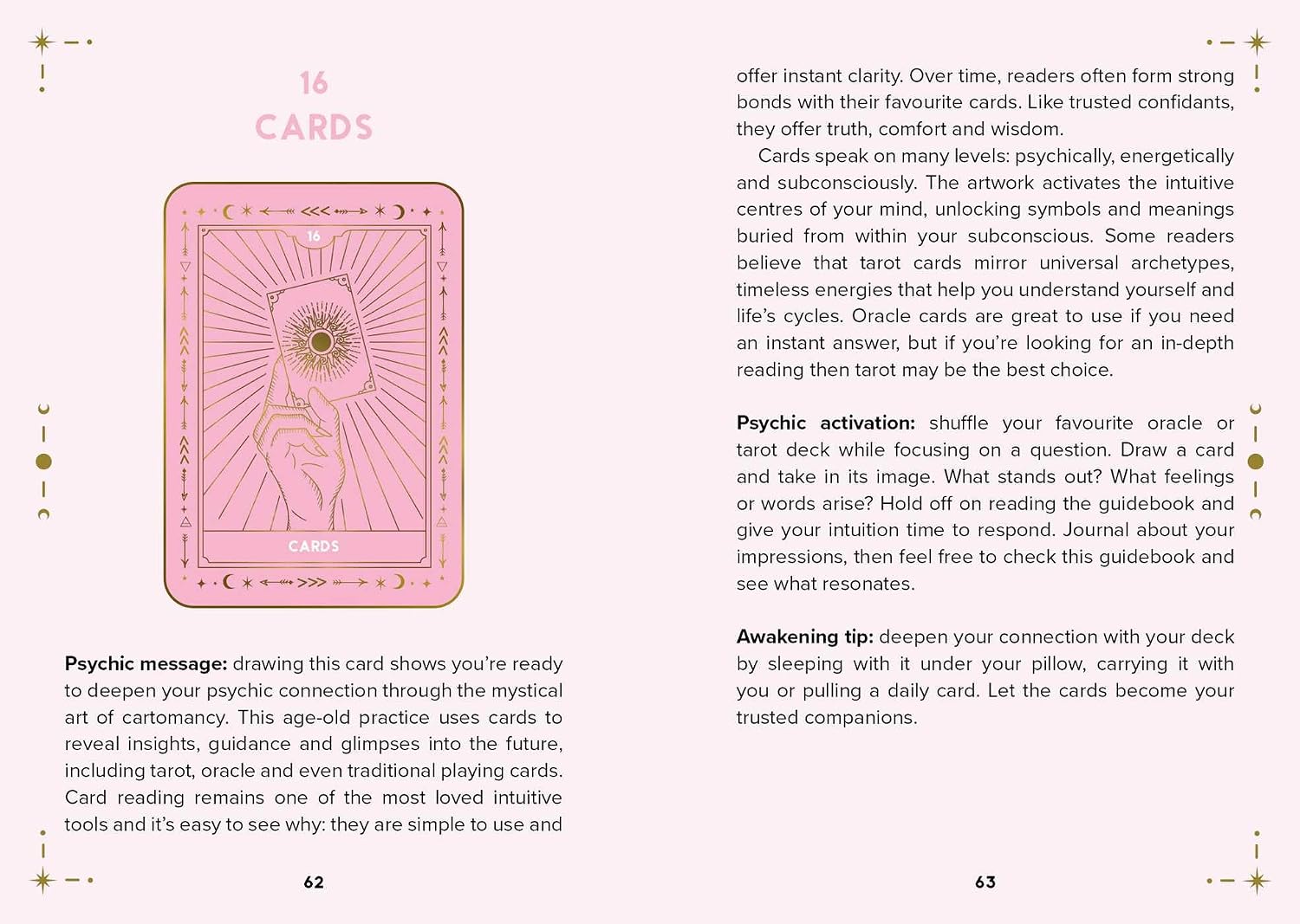 A printed page from a card deck booklet or guide, featuring a central pink rectangular card with ornate gold detailing and surrounding black text on a white page with a thin decorative border.