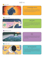 Card deck with zodiac card designs and text on a white background