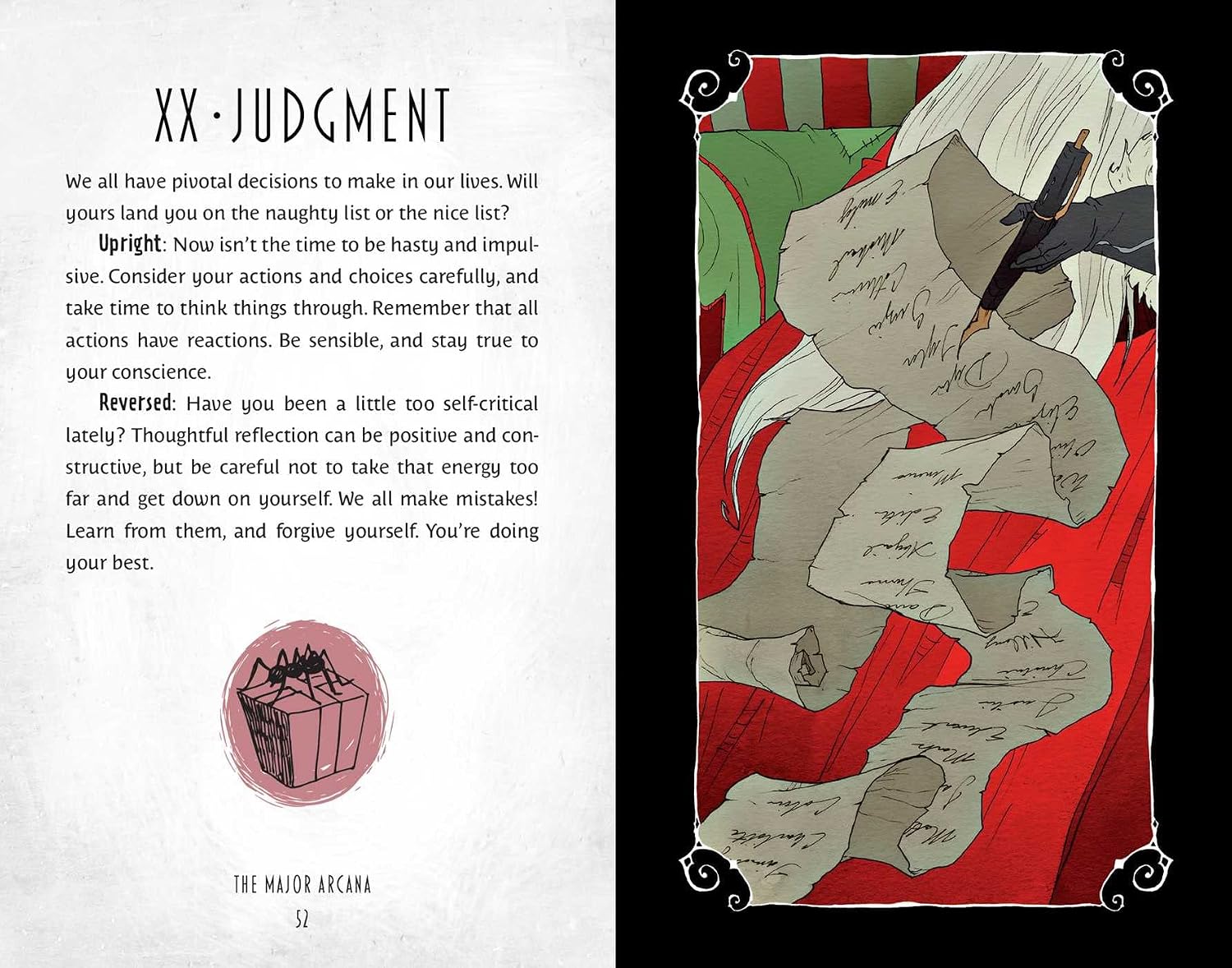 Illustration of a character with long white hair and a black hat, surrounded by text and symbols, on a red background.
