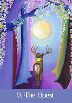 Illustration of a deer with antlers standing under a moonlit sky with flowers and trees.