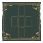 Decorative green fabric with gold leaf patterns and four square cutouts