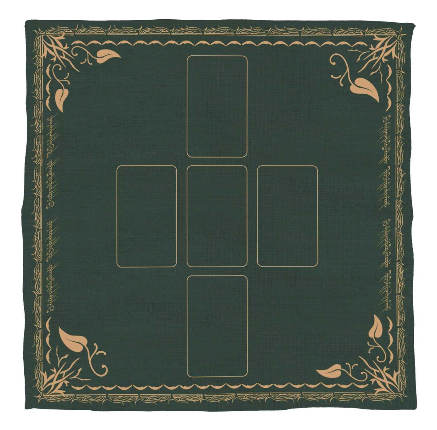 Decorative green fabric with gold leaf patterns and four square cutouts