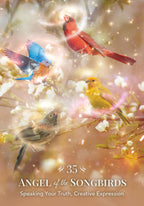 Card with birds on a branch and text 'Angel of the Songbirds' on a soft, blurred background.