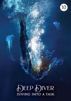 Underwater scene with a person diving, surrounded by jellyfish and bubbles, with 'Deep Diver' text at the bottom.