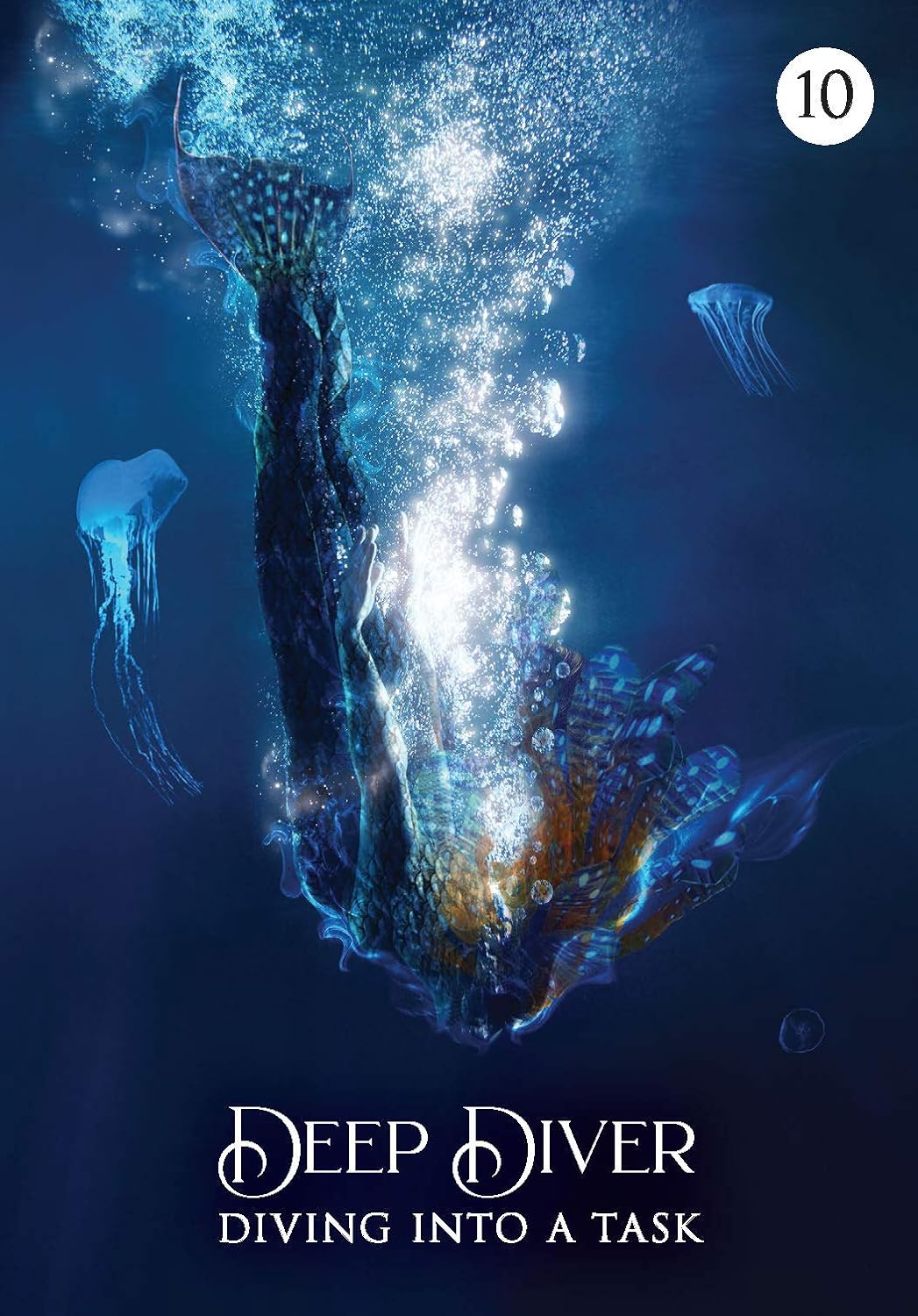 Underwater scene with a person diving, surrounded by jellyfish and bubbles, with 'Deep Diver' text at the bottom.