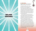A printed page from a Major Arcana card deck, featuring a turquoise and white starburst design on the left, black text on the right, and a small gold circular card illustration in the top-right corner.