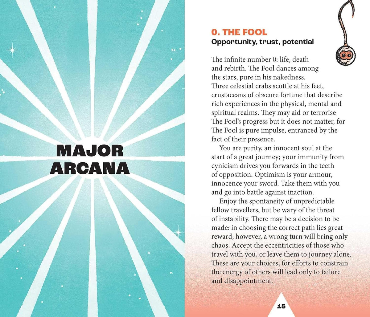 A printed page from a Major Arcana card deck, featuring a turquoise and white starburst design on the left, black text on the right, and a small gold circular card illustration in the top-right corner.