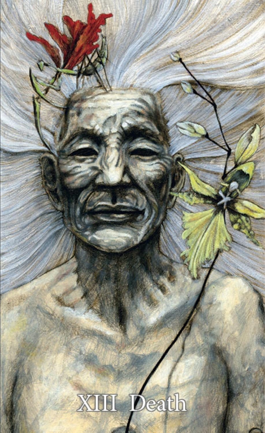 Artistic depiction of a figure with floral elements and 'XIII Death' text