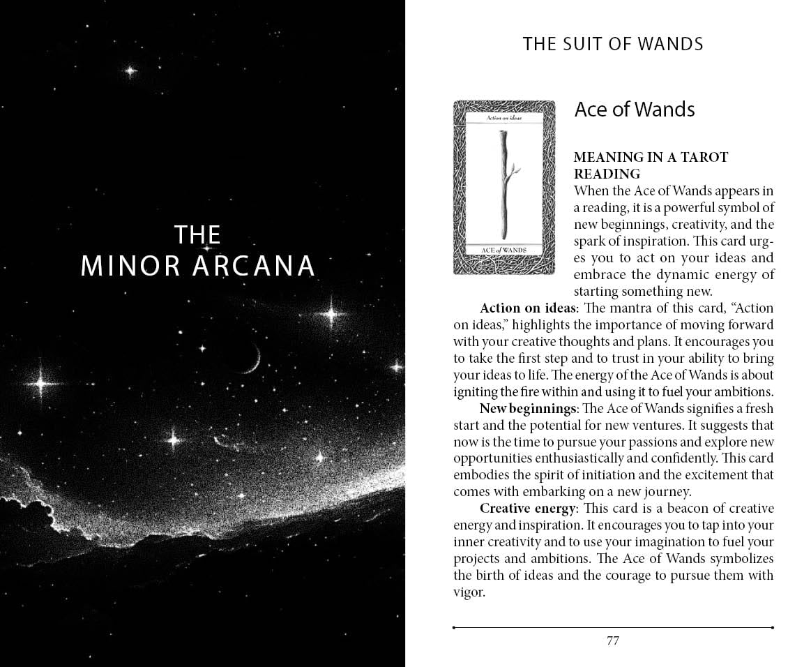 Page from a tarot card book showing the Ace of Wands with a starry night background.