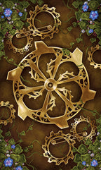 Gold mechanical gears with green leaves and blue flowers on a brown background