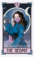 Tarot card featuring a figure in a blue robe with a mask, holding a crystal ball, against a starry night sky.