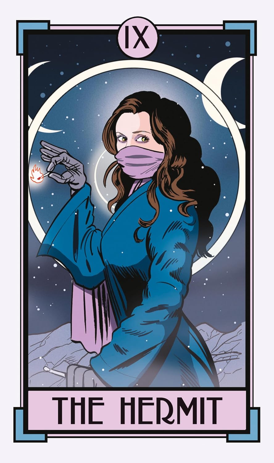 Tarot card featuring a figure in a blue robe with a mask, holding a crystal ball, against a starry night sky.