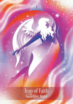 Silhouette of a guardian angel against a colorful, wavy background with 'Leap of Faith Guardian Angel' text.