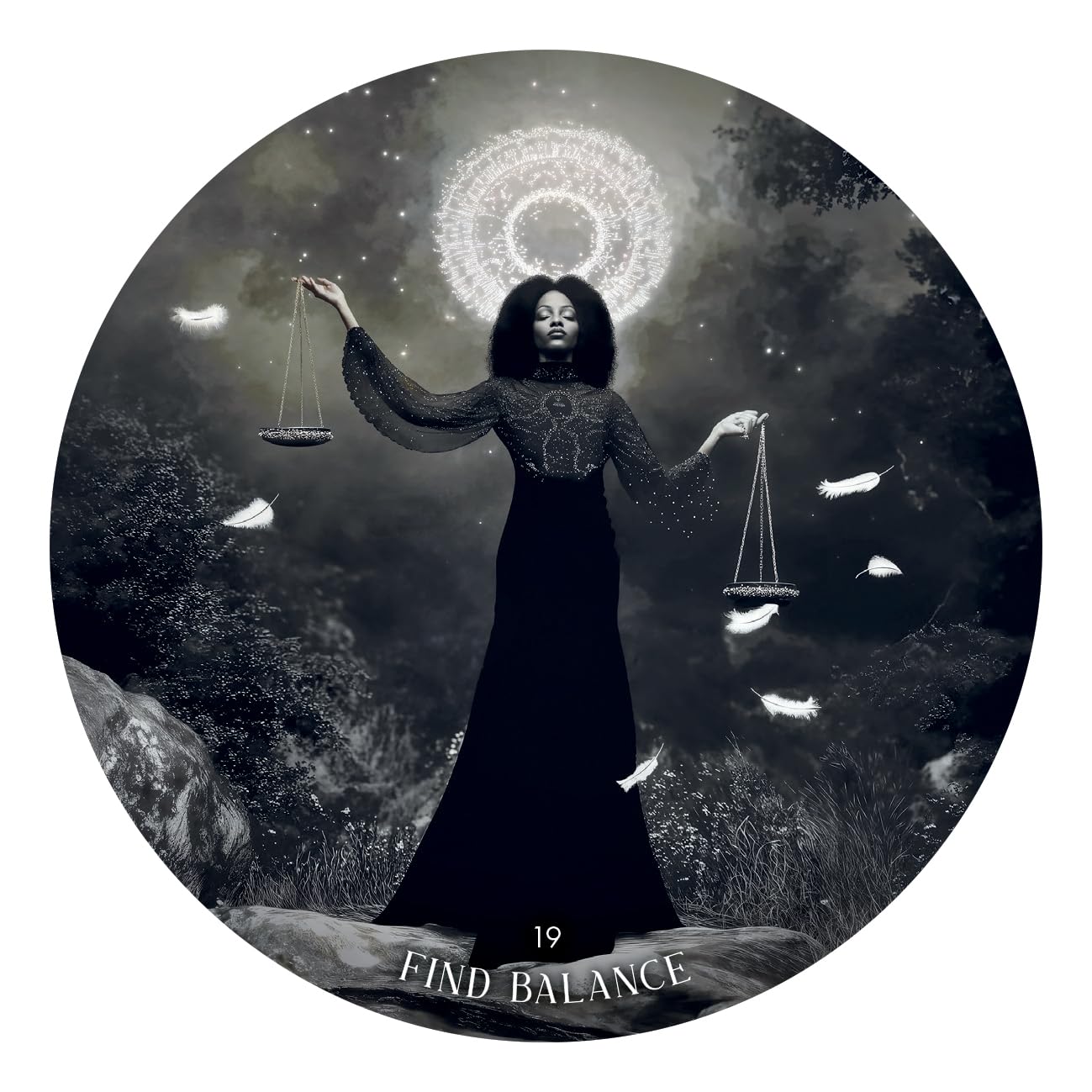 Person holding scales with celestial and nature elements, titled 'Find Balance'.