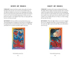 A printed page spread from a tarot card deck booklet, showing the 'Seven of Roses' and 'Eight of Roses' card back designs with explanatory text on a white background.