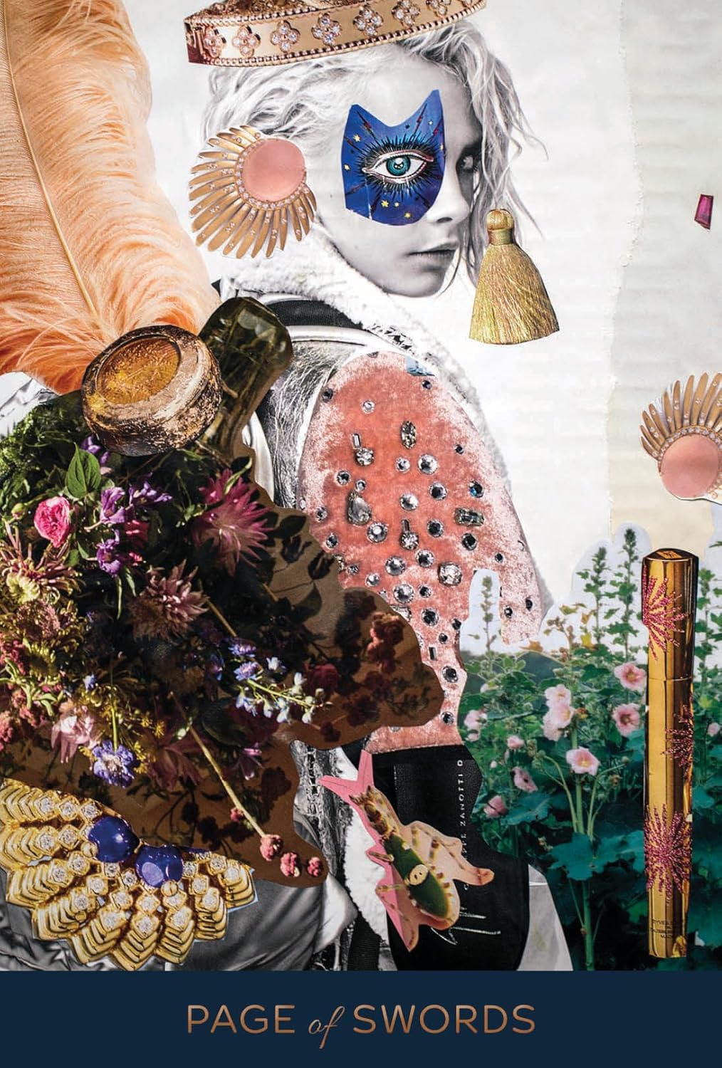 Collage art with decorative elements and text 'Page of Swords' on a white background