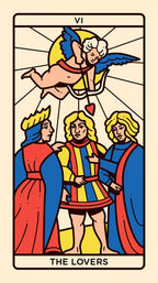 Tarot card titled 'The Lovers' with three people and an angel figure.