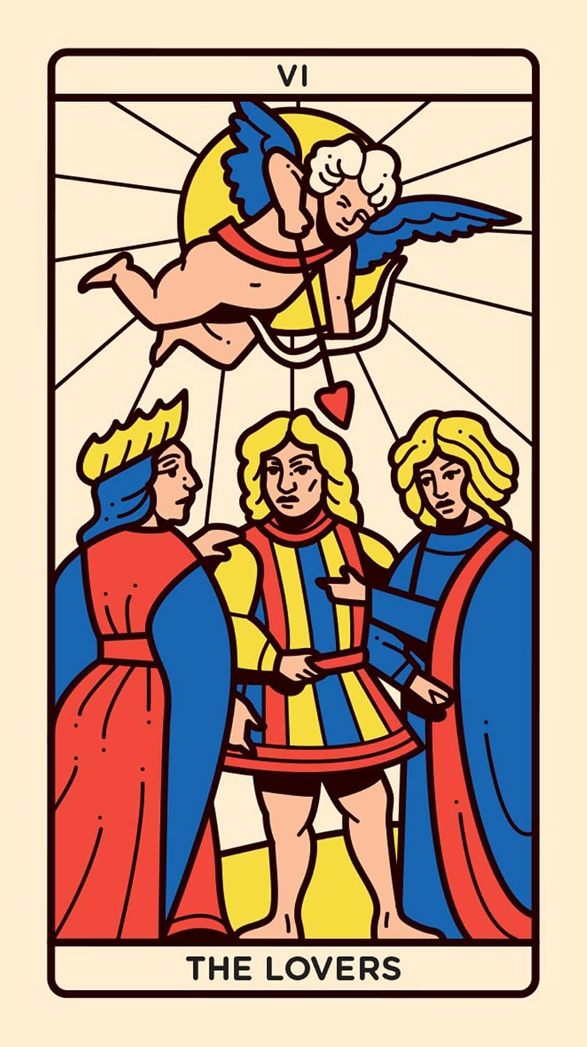 Tarot card titled 'The Lovers' with three people and an angel figure.