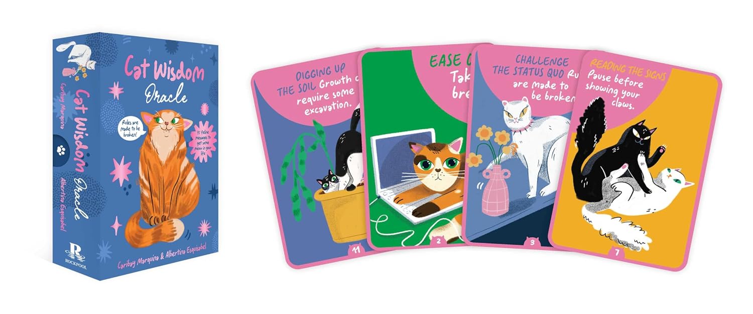 Cat Wisdom Oracle deck box and four illustrated oracle cards displayed on a white background. The box is blue with an orange cat illustration and the title 'Cat Wisdom Oracle.