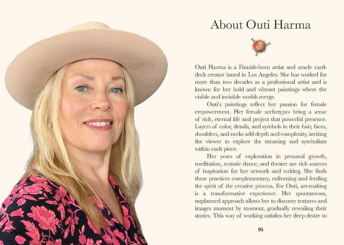 A printed page with a portrait of a woman wearing a beige hat and a bright pink patterned top, alongside the headline 'About Outi Harma' and several paragraphs of text.