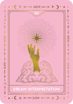 A pink tarot-style card titled "Dream Interpretation" with gold decorative border lines, a hand reaching upward toward a radiant star, and the number 20 at the top.