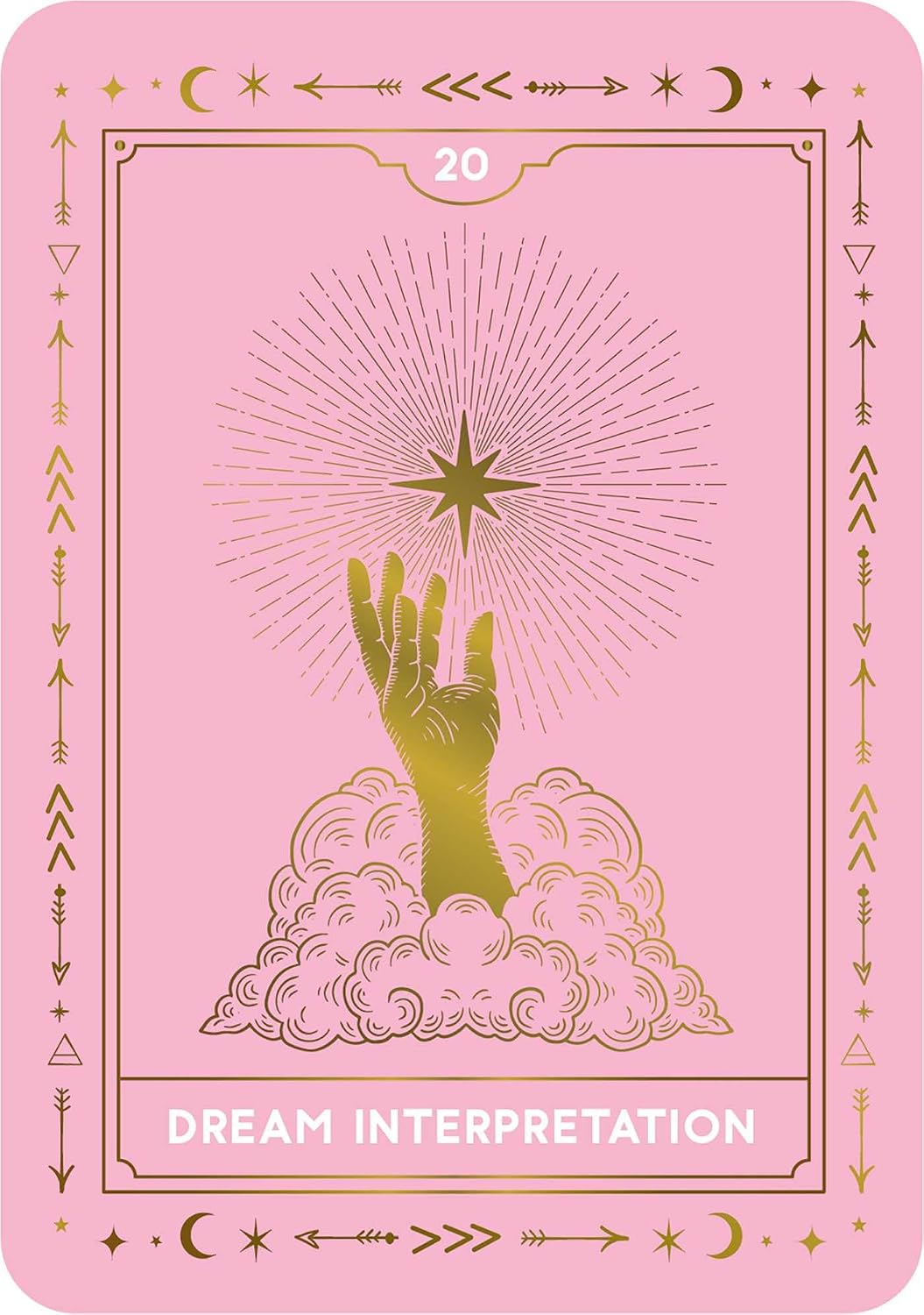 A pink tarot-style card titled "Dream Interpretation" with gold decorative border lines, a hand reaching upward toward a radiant star, and the number 20 at the top.