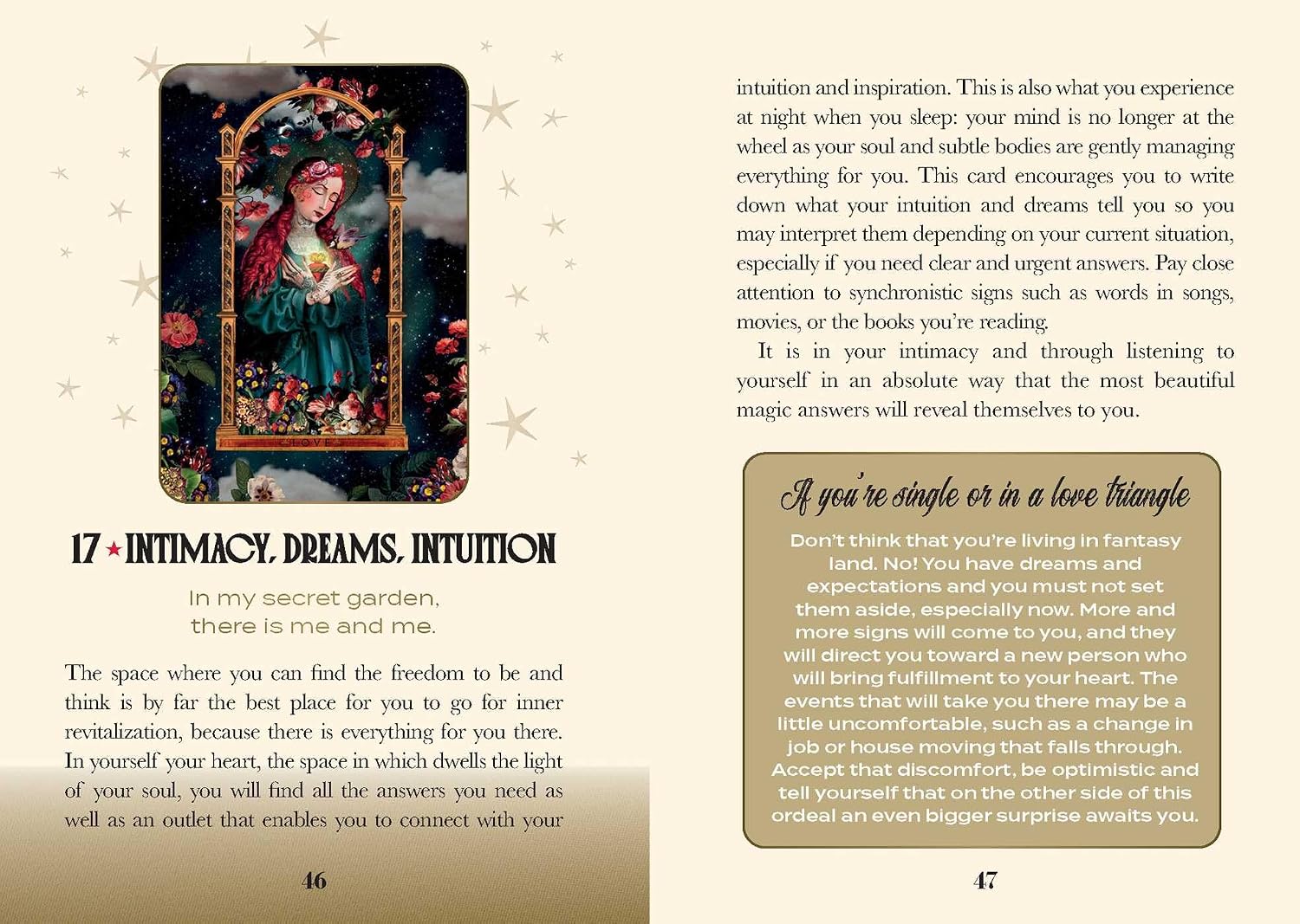 Page from a book with a tarot card and text on intuition, dreams, and intimacy.