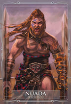 Illustration of a warrior character named Nuada with armor and long hair, set against a neutral background.