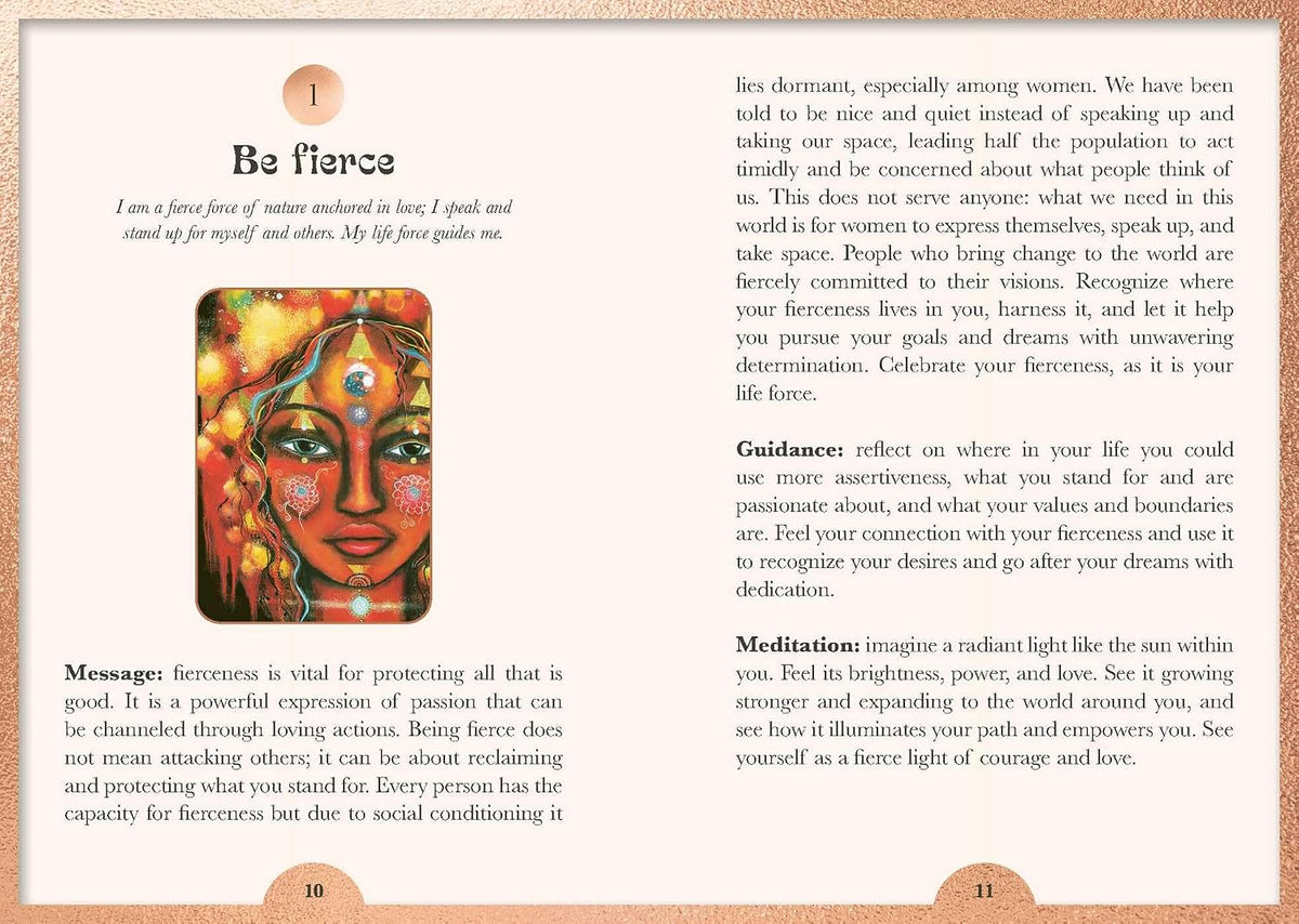 Page from a book with a colorful illustration of a face and text about being fierce.