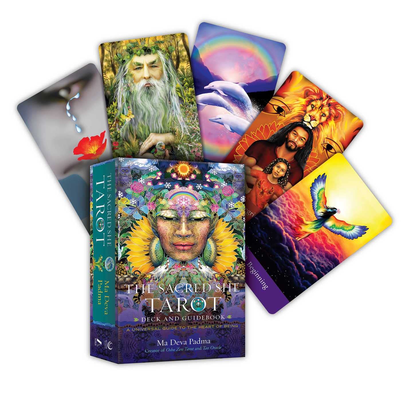 Sacred She Tarot cards with colorful artwork and a box in the center.