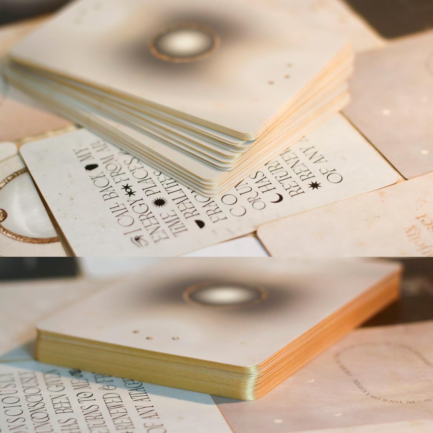 Stack of books with text and decorative elements on a wooden surface
