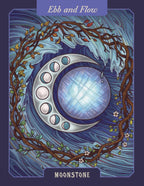 Card with a stylized moon and branches on a blue background, titled 'Ebb and Flow'.