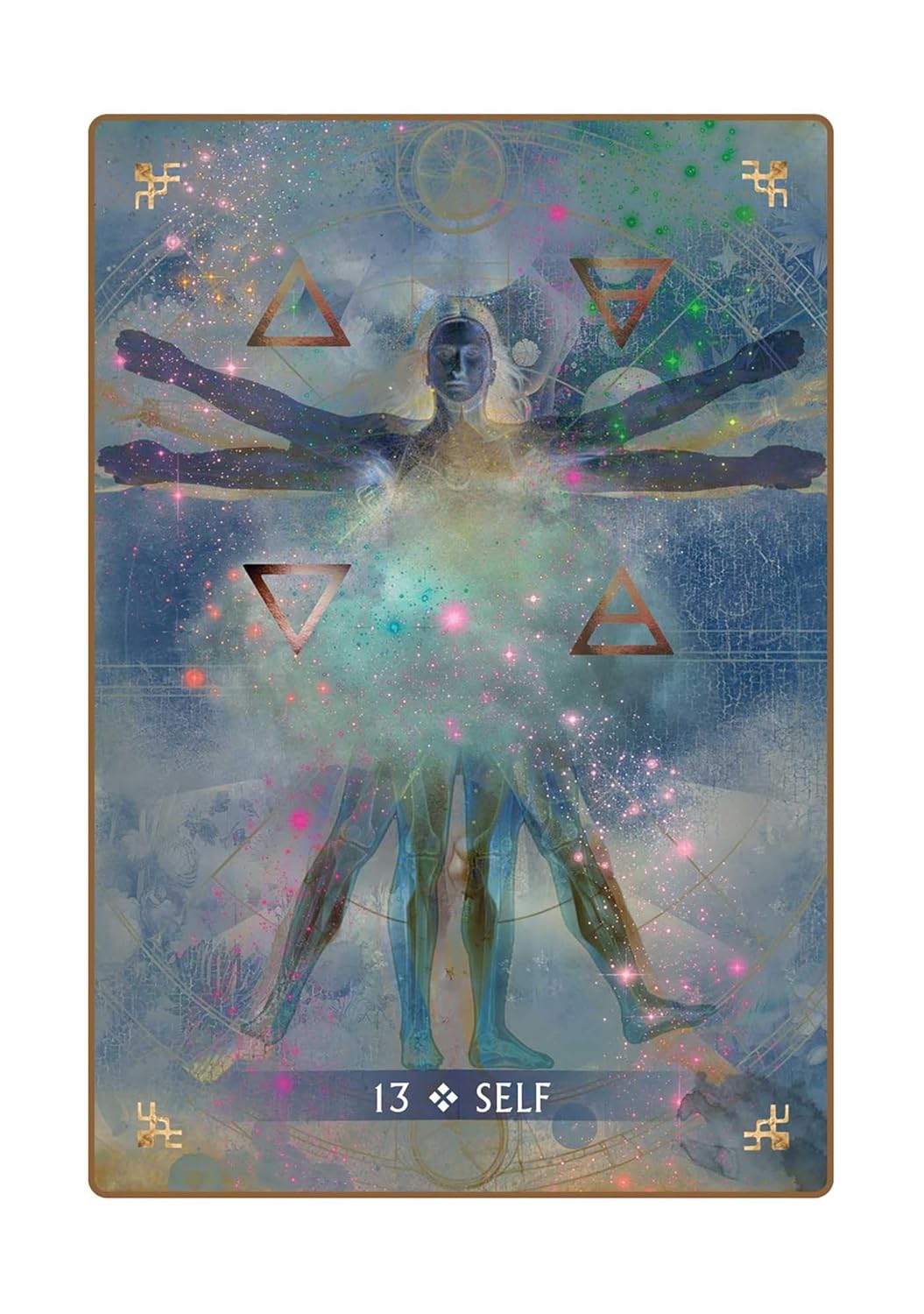 Card with a stylized human figure and geometric symbols on a blue background, labeled '13 Self'.