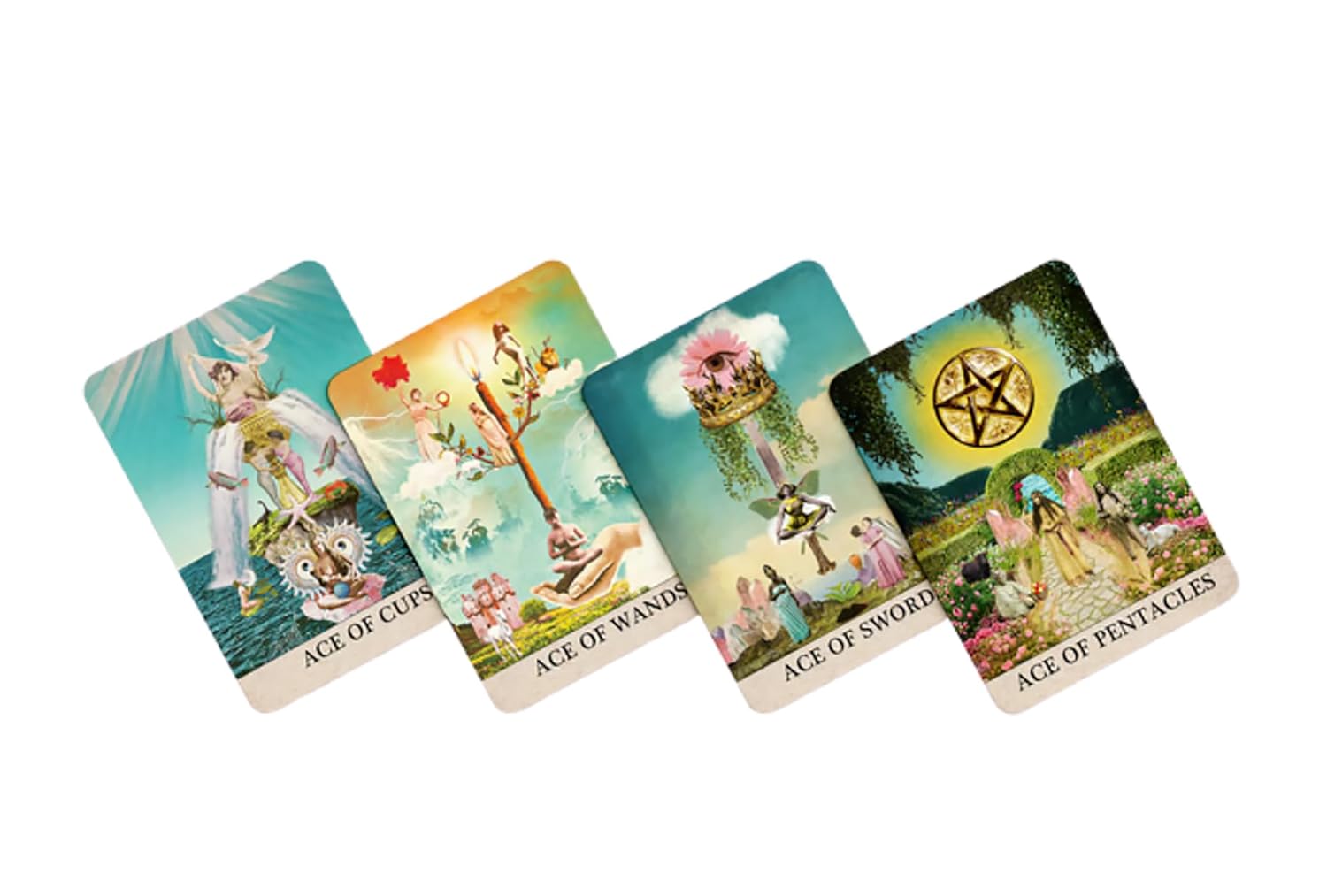 Four tarot cards labeled 'Ace of Cups', 'Ace of Swords', 'Ace of Wands', and 'Ace of Pentacles' on a white background.
