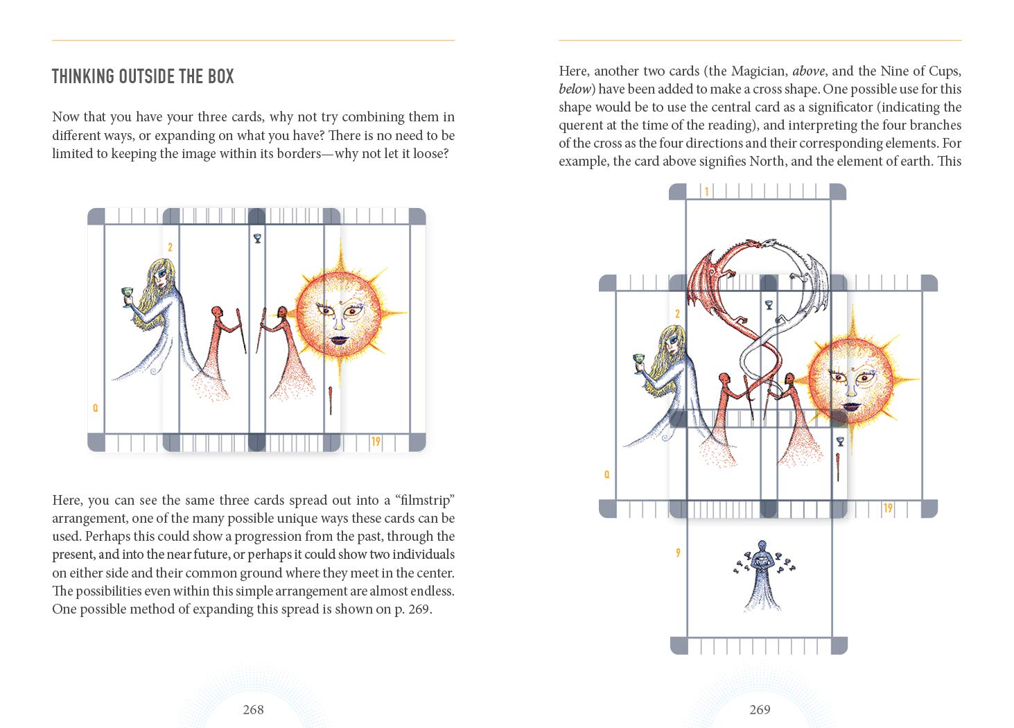 Illustrations of tarot cards with explanatory text on a white background