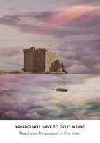 Castle on an island with a boat and text about seeking support.