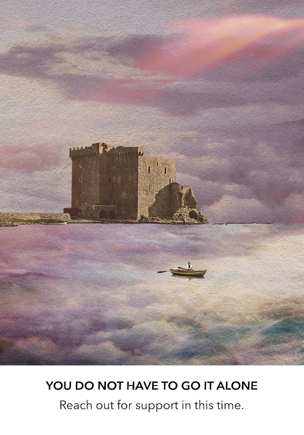 Castle on an island with a boat and text about seeking support.