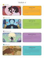 Set of tarot cards with illustrations and text for Taurus zodiac sign