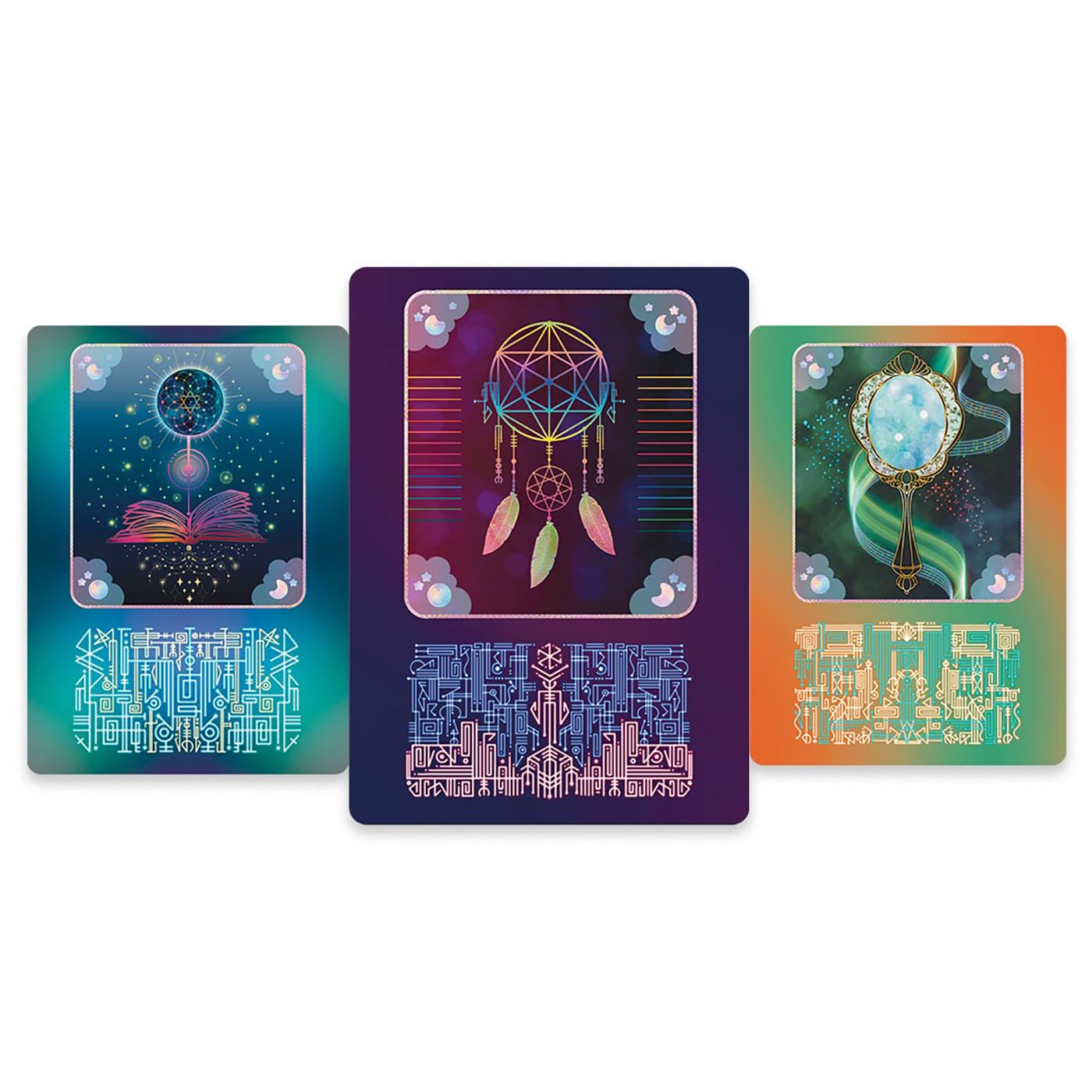 Three colorful tarot cards with intricate designs on a white background