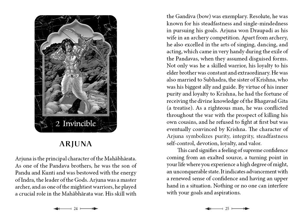 Card featuring Arjuna with descriptive text on a black and white theme