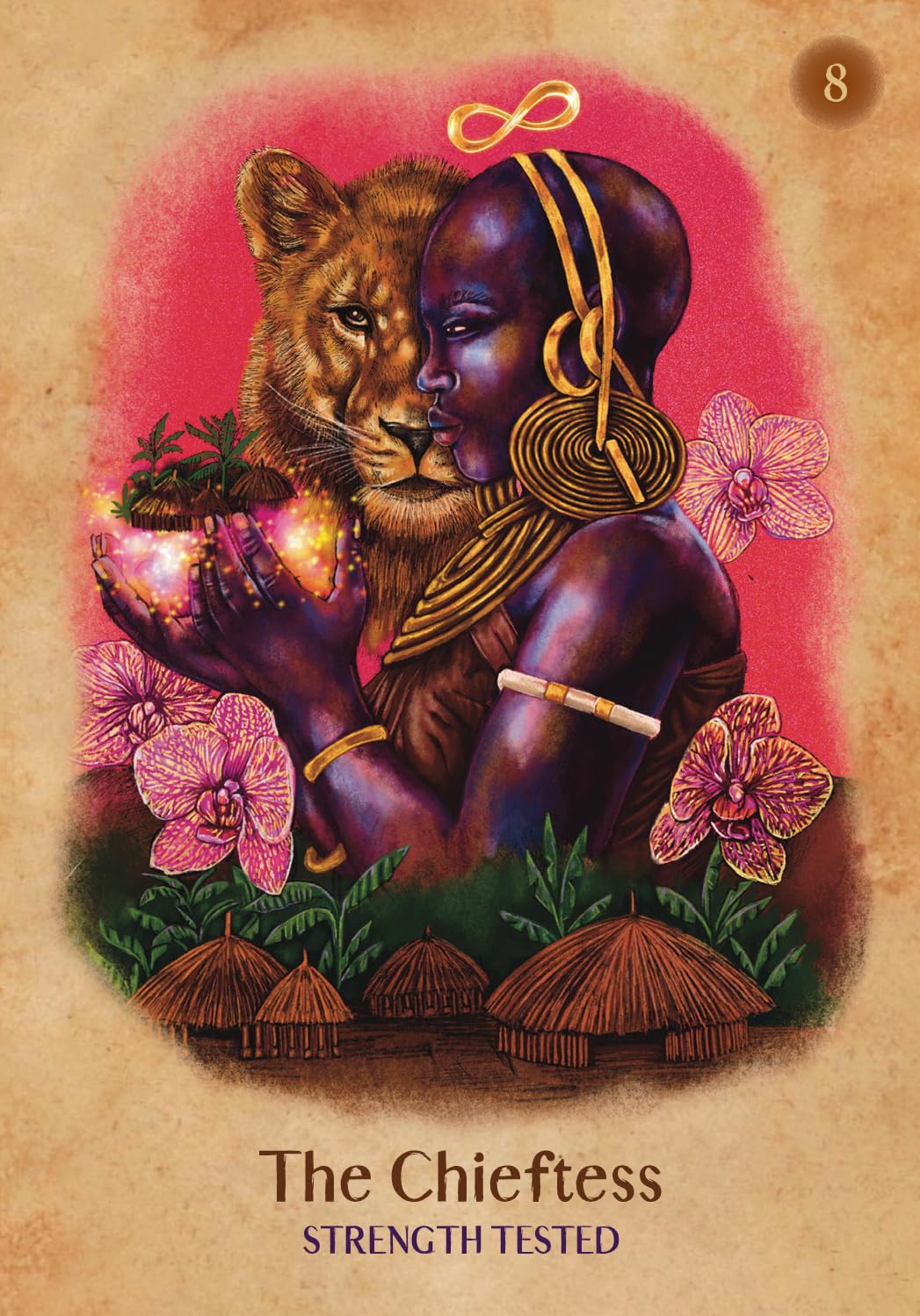 Illustration of a woman holding a lion cub with flowers and huts in the background, titled 'The Chieftess'.