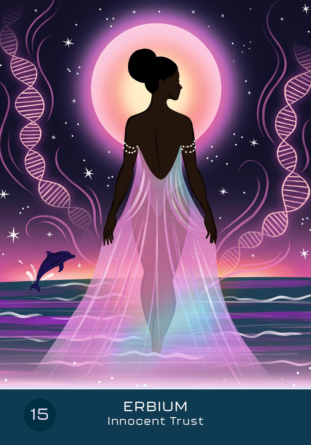 Silhouette of a woman in a flowing dress with DNA strands and a dolphin, set against a starry night sky.