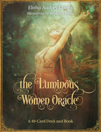 Book cover of 'The Luminous Women Oracle' with a woman in a dress and raised arms, surrounded by nature.