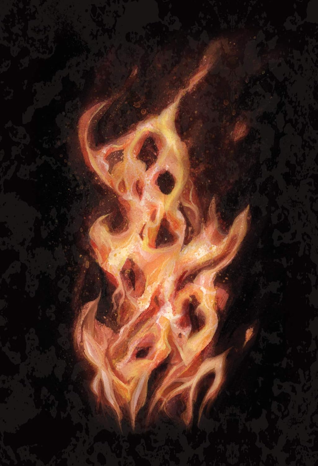 Flaming letter 'F' on a dark background
