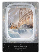 Card with a scenic view of a colosseum and waterfall, framed like a window, with text '04 Infinite Vastness Stop playing small.'.