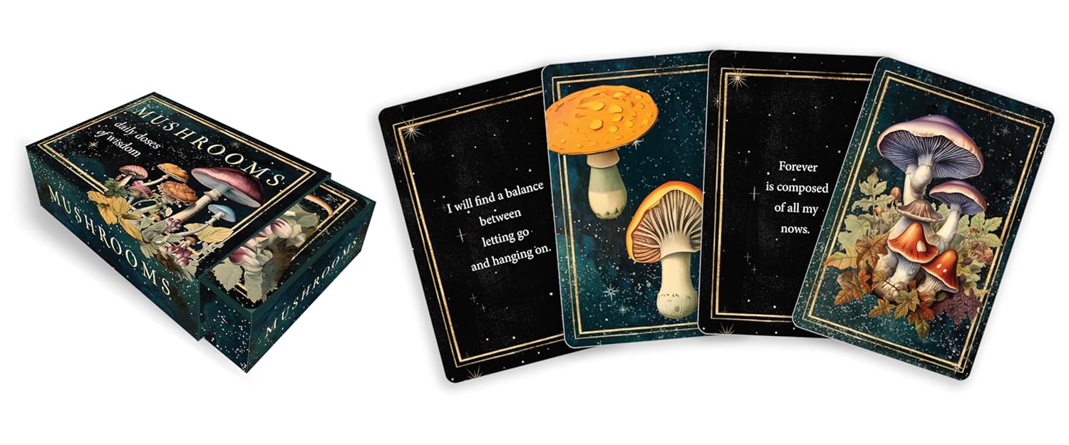 Set of mushroom-themed playing cards with a box on a white background