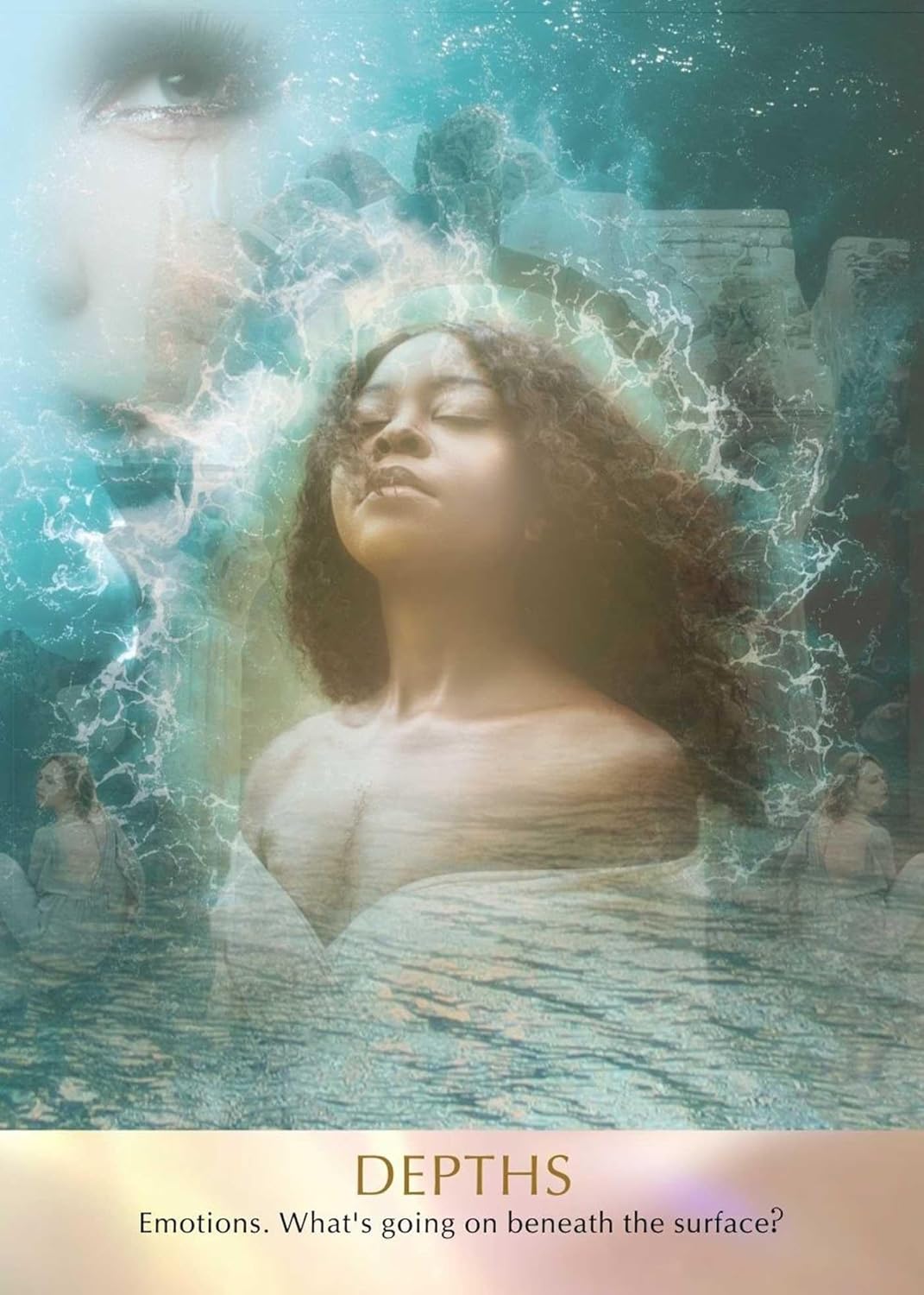 Woman submerged underwater with a text overlay about emotions and the surface.