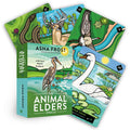 Card deck titled 'The Animal Elders Oracle' with illustrations of animals on a white background